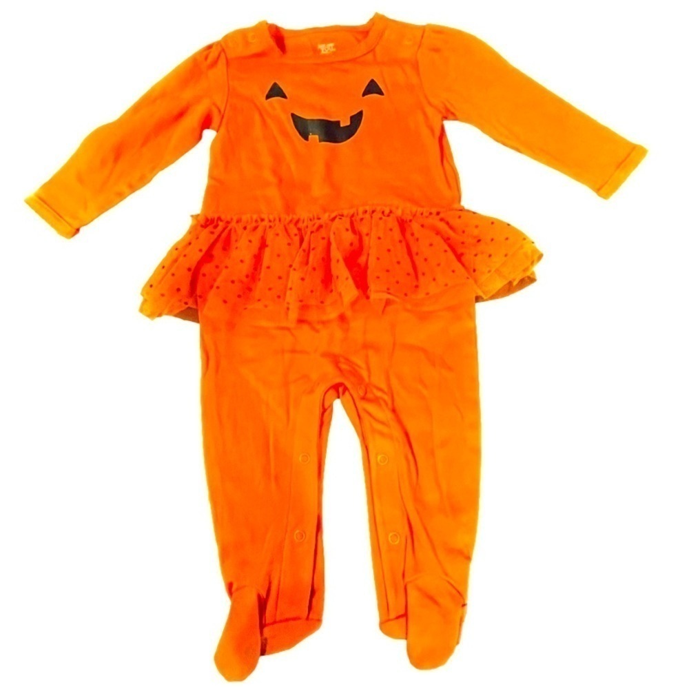 Cute baby girl Jack-o-Latern Halloween onsie with feet and skirt